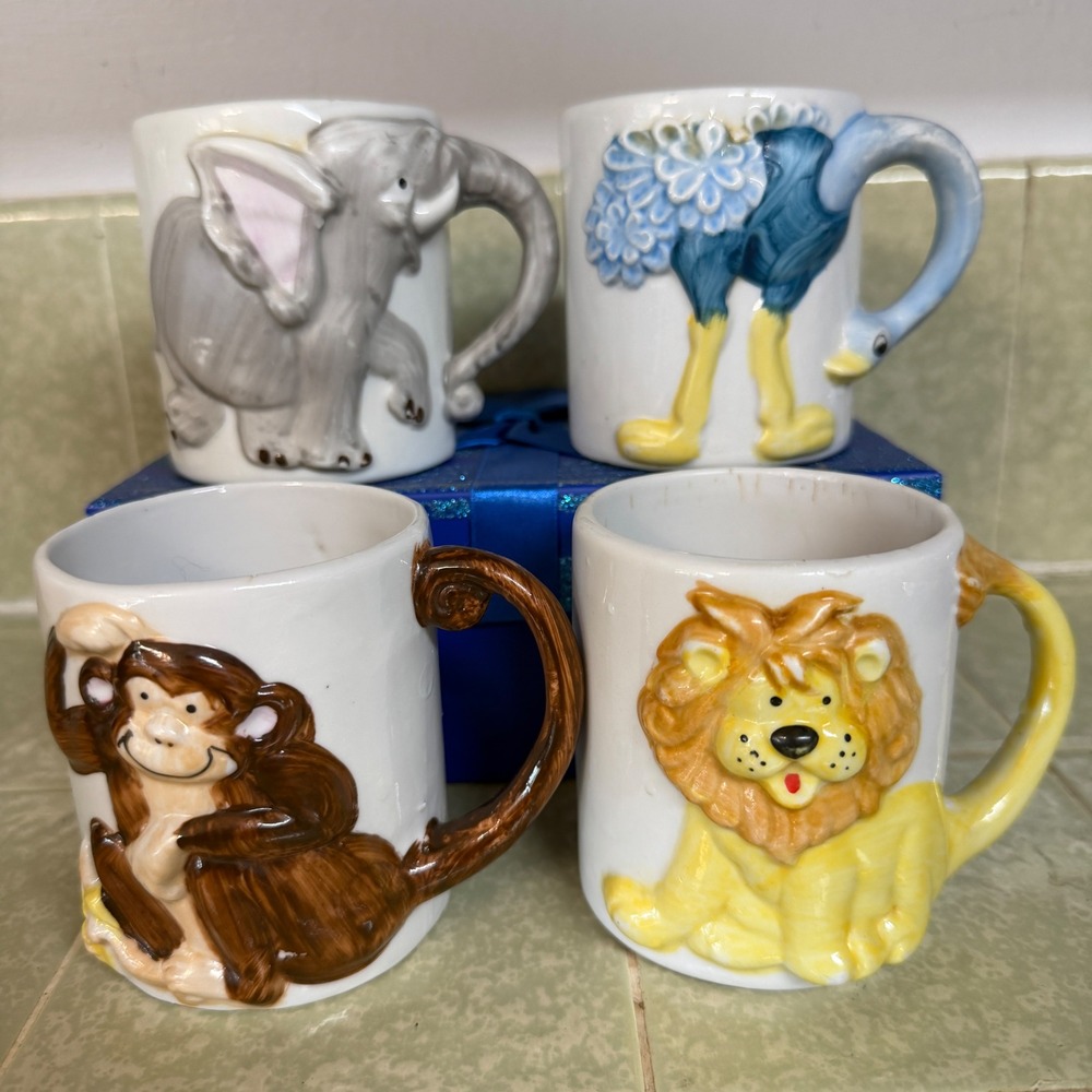 Vintage JSNY Ceramic Animal Mugs Set of 4 Lion Elephant Monkey Ostrich 3D Taiwan